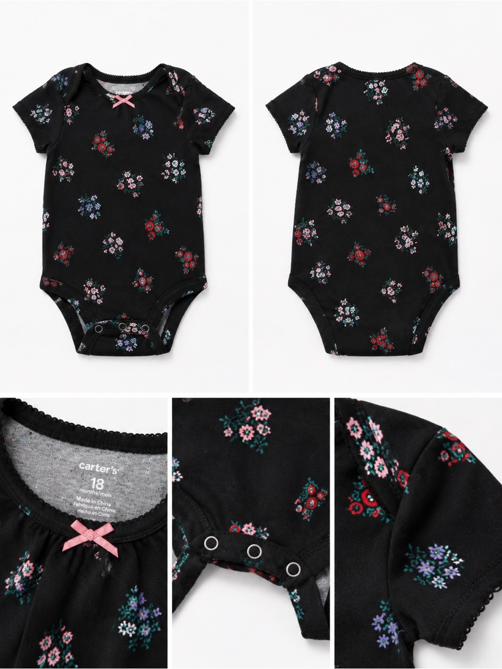 Carter's Black Floral Short-Sleeve Bodysuit with Pink Bow